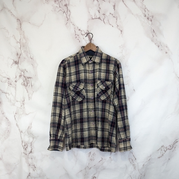 Vintage Wool Shirt Mens Medium Button Up 60's Plaid Brewster West Tan Brown Long - Picture 14 of 16